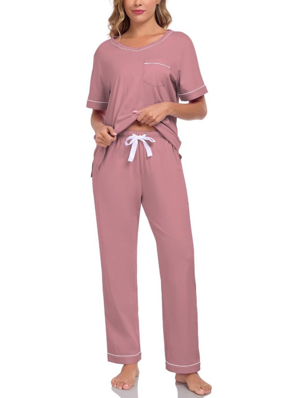 Cozy 100% Cotton Women's Pajama Set - Soft Short Sleeve Top & Pants with Pockets